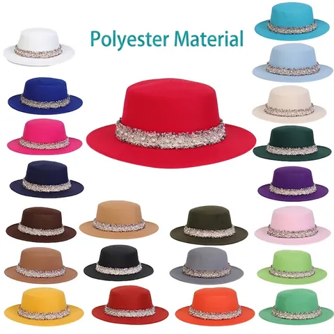 Sombrero Canotier para Mujer Copa Plana Ala Ancha Fieltro de Poliéster Con Perlas y Cinta de Tweed Elegante Vintage Otoño Invierno