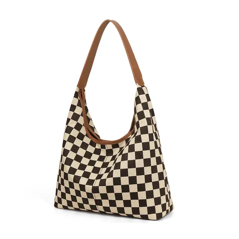 Γυναικεία Vintage Τσάντα Tote Μεγάλης Χωρητικότητας Με Σκακιέρα Ρετρό από Πολυεστέρα και Δέρμα PU Τσάντα Ώμου