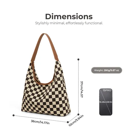 Γυναικεία Vintage Τσάντα Tote Μεγάλης Χωρητικότητας Με Σκακιέρα Ρετρό από Πολυεστέρα και Δέρμα PU Τσάντα Ώμου