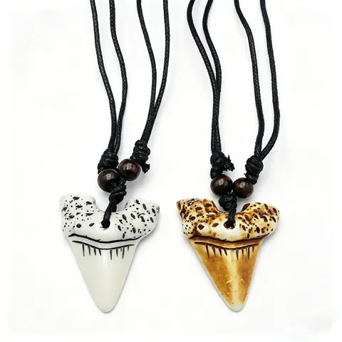 Tribal Style Faux Shark Tooth Resin Pendant Necklace With Wooden Beads Black Adjustable Rope Chain For Men Women Jewelry
