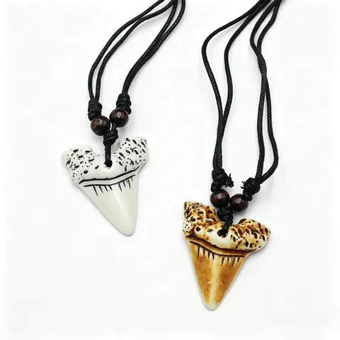 Tribal Style Faux Shark Tooth Resin Pendant Necklace With Wooden Beads Black Adjustable Rope Chain For Men Women Jewelry