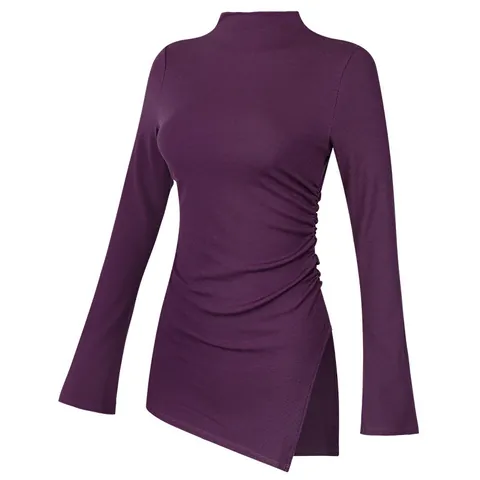 Top da Yoga a Mezzo Collo Alto da Donna con Spacco Laterale in Maglia a Costine Maglia a Maniche Lunghe per Pilates