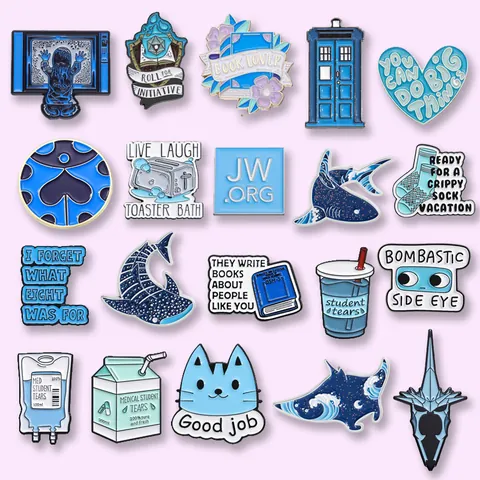 Creative Blue Series Cartoon Enamel Pins Set For Backpack Clothing Alloy Letter Quote Cat Potion Bottle Lapel Brooch Jewelry Gifts
