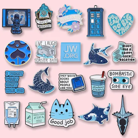Creative Blue Series Cartoon Enamel Pins Set For Backpack Clothing Alloy Letter Quote Cat Potion Bottle Lapel Brooch Jewelry Gifts