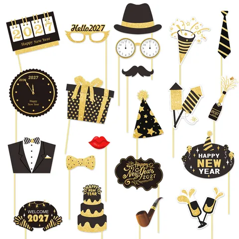 2026 New Year Photo Booth Props Black Gold Glitter Cardstock Props For Family Reunion New Year Eve Celebration Decorations
