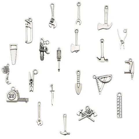 Vintage Antique Silver Alloy Tool Charms For DIY Jewelry Making Wrench Hammer Axe Saw Screwdriver Ruler Pendants Hardware Accessories