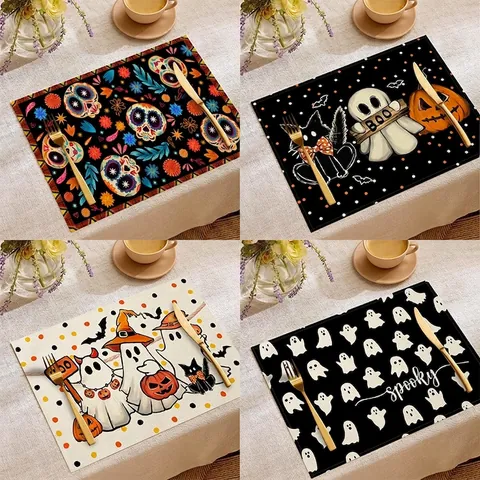Manteles Individuales de Lino de Halloween Resistentes al Calor Con Patrones de Fantasmas Calabazas Brujas para Cocina Comedor Fiesta Decoración