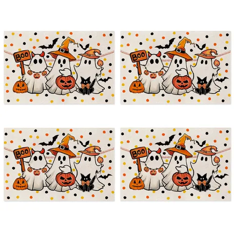 Manteles Individuales de Lino de Halloween Resistentes al Calor Con Patrones de Fantasmas Calabazas Brujas para Cocina Comedor Fiesta Decoración