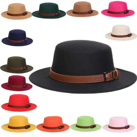 Women Vintage Flat Top Fedora Hat Polyester Felt British Style Boater Hat With Leather Belt Buckle Casual Wide Brim Fall Winter Hat