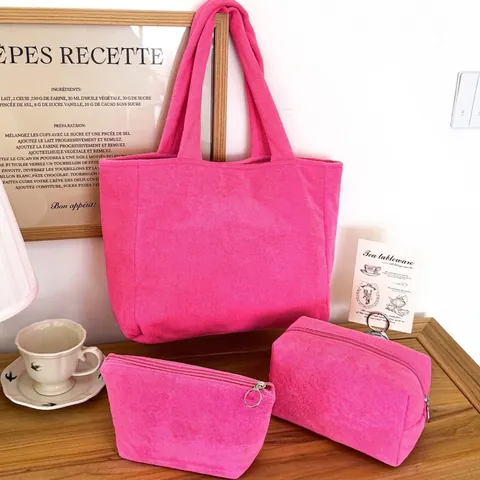 Neceser Rosa Fuerte De Tela De Toalla Gran Capacidad Organizador De Maquillaje De Viaje Para Mujeres Bolso Portátil
