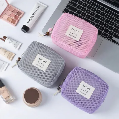 Mesh Cosmetic Bag Breathable Semi-Transparent Travel Toiletry Storage Pouch Zippered Square Handbag Women Minimalist