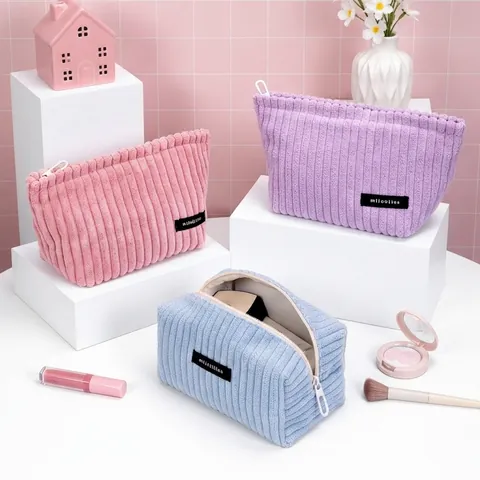 Corduroy Makeup Bag Cosmetic Organizer Stripe Textured Zipper Pouch Portable Travel Wash Bag For Women Soft Texture