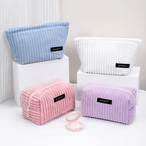 Corduroy Makeup Bag Cosmetic Organizer Stripe Textured Zipper Pouch Portable Travel Wash Bag For Women Soft Texture