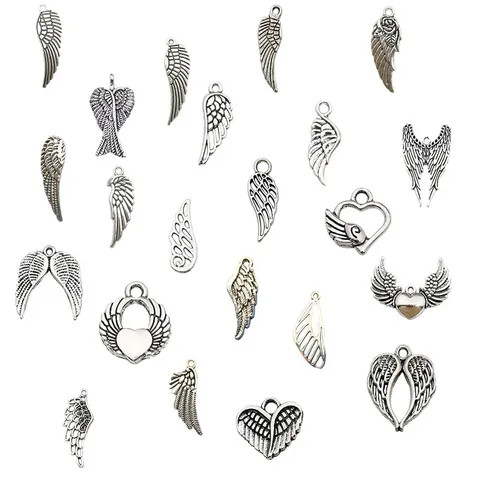 Vintage Antique Silver Angel Wings Zinc Alloy Charms Feather Heart Pendants For DIY Jewelry Making Necklace Bracelet Accessory