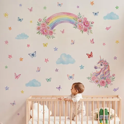 Cartoon Pink Rainbow Unicorn Wall Stickers For Kids Room Dreamy PVC Cloud Star Balloon Heart Wall Decals Nursery Bedroom Decorative Wall Mural