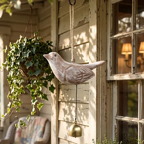 Vintage Wooden Bird Wind Chime With Metal Bell Rustic Hanging Ornament For Garden Home Decor Window Porch Distressed