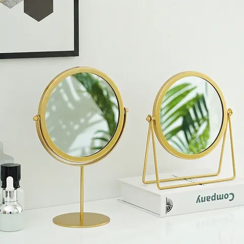 Round Desktop Makeup Mirror Metal Frame Rotatable Minimalist Nordic Style Vanity Mirror For Bedroom Dorm Bathroom