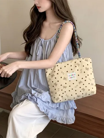 Women Korean Ins Corduroy Shoulder Bag With Colorful Beaded Strap Heart Bow Print Tote Bag Casual Shopping Canvas Lining Bag