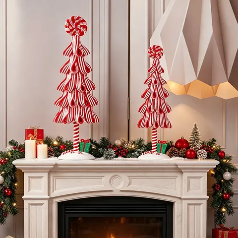 Miniature Christmas Candy Tree Tabletop Ornament Polymer Clay Red And White Striped Lollipop Style Christmas Tree Festive Decoration