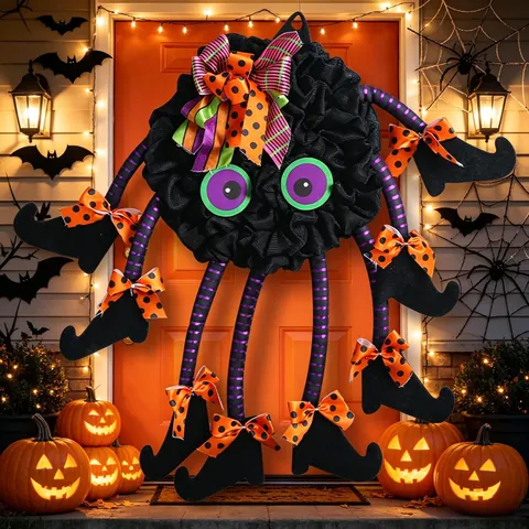 Colgador de Puerta de Araña de Halloween Con Piernas Rayadas Botas de Bruja Lazos de Lunares Naranjas Corona de Araña de Malla Negra para Fiesta