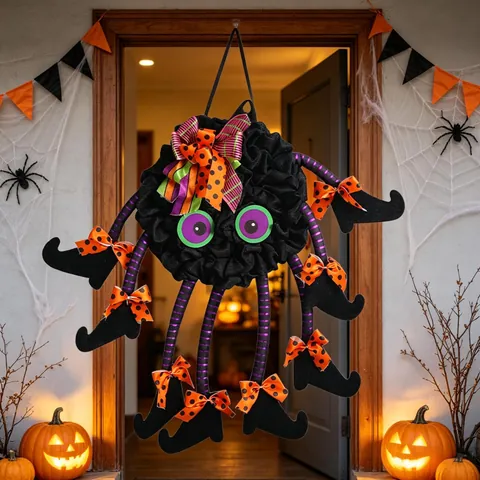 Colgador de Puerta de Araña de Halloween Con Piernas Rayadas Botas de Bruja Lazos de Lunares Naranjas Corona de Araña de Malla Negra para Fiesta