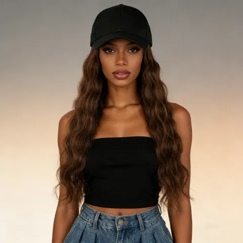 Long Wavy Synthetic Hair Wig Integrated Baseball Cap For Women Natural Water Wave Heat Resistant Fiber Hairpiece Daily Style