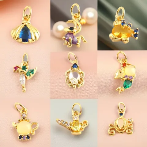 Colgantes de Cobre DIY Chapados en Oro de 18K con Strass para Hacer Joyas Collar Pulsera Concha Pájaro Carruaje
