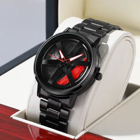 Men's Car Wheel Hub Design Rotating Watch 3D Hollow Sport Quartz Wristwatch Waterproof Stainless Steel Strap Racing Style