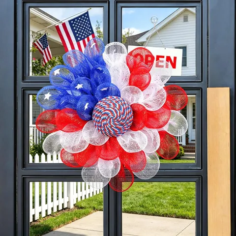 Patriotic Independence Day Wreath Red White Blue Mesh American Flag Stars Stripes Front Door Hanging Decor Party Ornaments