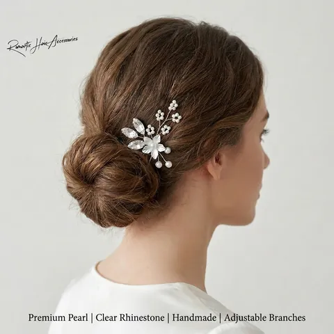 Handgefertigte Braut Blumen Haarnadel Strass Imitationsperle U Förmige Haargabel Vintage Silber Hochzeit Haarschmuck Für Damen