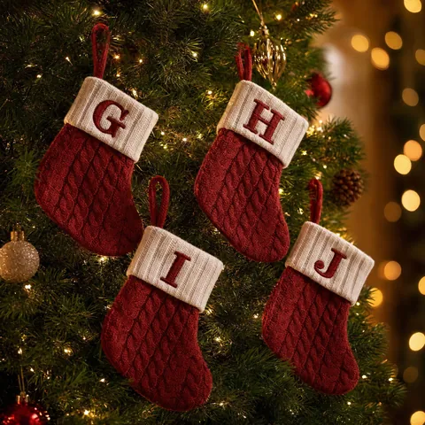 Red White Cable Knit Christmas Stocking Personalized Letter Initial Snowflake Paw Print Candy Gift Bag Xmas Tree Decor