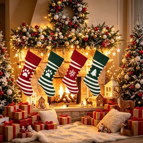 Chaussettes De Noël Tricotées Rayées Flocon De Neige Arbre Patte Sacs Cadeaux Décoration Cheminée Famille Animaux