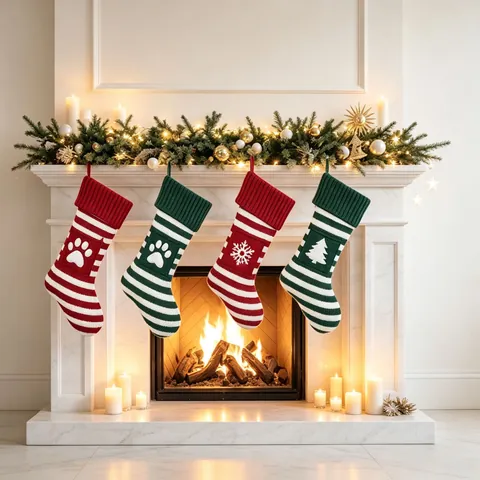 Chaussettes De Noël Tricotées Rayées Flocon De Neige Arbre Patte Sacs Cadeaux Décoration Cheminée Famille Animaux
