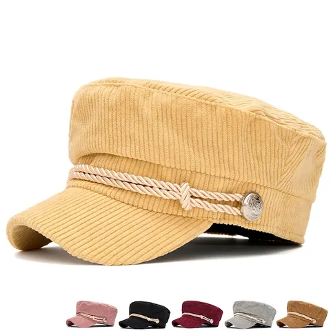 Corduroy Baker Boy Hat Retro Flat Top Navy Cap With Woven Rope And Metal Button Winter Autumn Warm Fashion Headwear