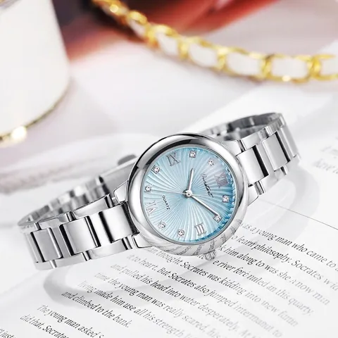 Elegant Women's Quartz Watch With Alloy Case Stainless Steel Strap Rhinestone Roman Numeral Sunray Dial Fashion Ladies Wristwatch