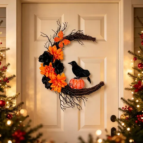 Halloween Moon Wreath With Black Crow And Orange Pumpkin Gothic Decoration For Front Door Wall Window Party Supplies