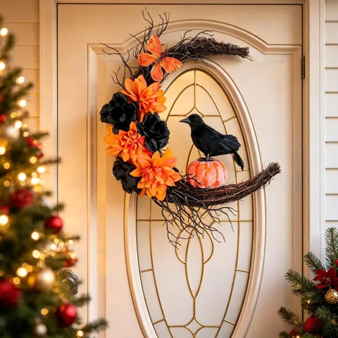 Halloween Moon Wreath With Black Crow And Orange Pumpkin Gothic Decoration For Front Door Wall Window Party Supplies