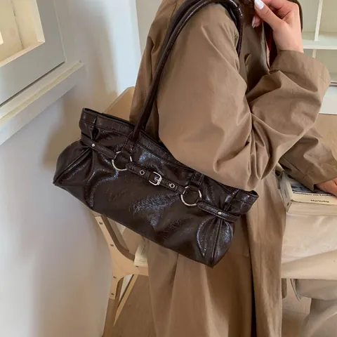 Vintage Glossy PU Leather Tote Bag For Women With Belt Buckle Metal Rings Large Capacity Shoulder Underarm Bag Casual Fashion Handbag