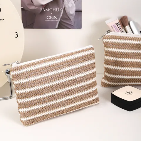 Striped Woven Makeup Bag Lightweight Portable Cosmetic Pouch Zippered Travel Toiletry Organizer Handheld Vintage Style Women