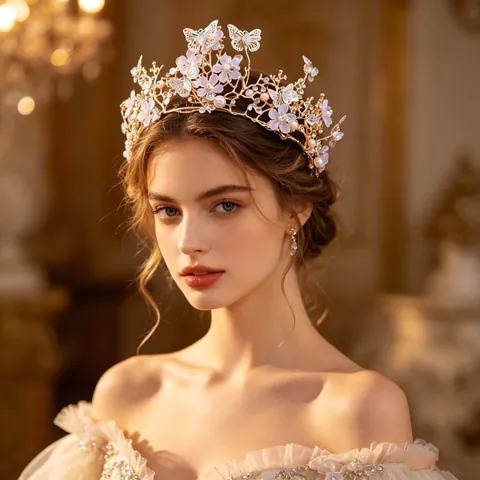 Couronne de Mariée en Alliage Fait à la Main Papillon Fleur Tiara Élégant Serre-tête Perle Artificielle pour Mariage Fête Femme Bijoux