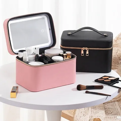 Draagbare Make-up Tas PU Leer Met LED Spiegel Verlicht Reis Cosmetica Koffer Waterdicht Verstelbare Verdelers Opbergdoos