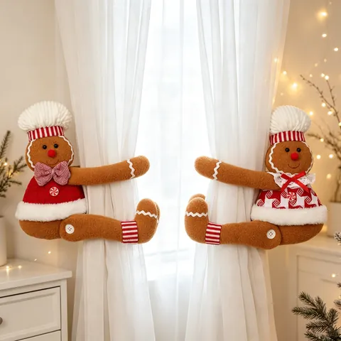 Christmas Gingerbread Man Curtain Tiebacks Sherpa Knitted Fabric Plush Doll Buckle Holiday Home Decor
