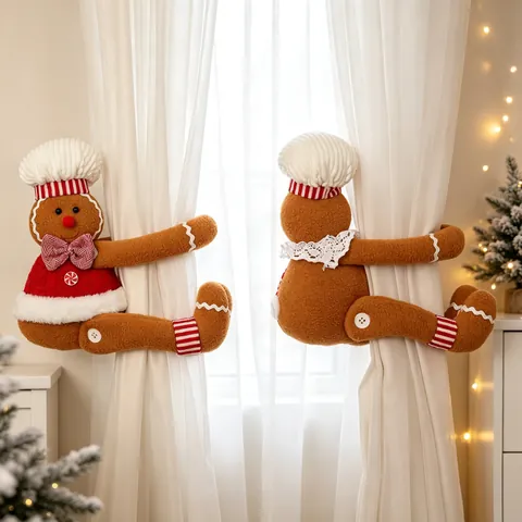 Christmas Gingerbread Man Curtain Tiebacks Sherpa Knitted Fabric Plush Doll Buckle Holiday Home Decor