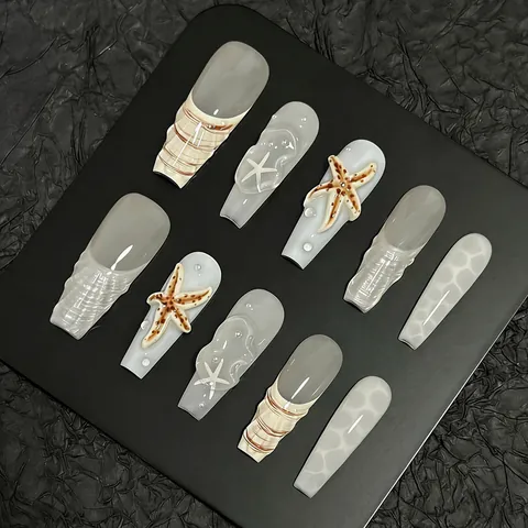 Ocean Theme 3D Relief Sea Star Press On Nails With Shell Texture And Pearl Decoration Handmade Blue White False Nails For Women