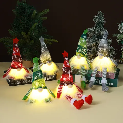 Christmas Gnome Faceless Plush Doll With LED Light Knitted Sitting Long Leg Nordic Desktop Ornament Holiday