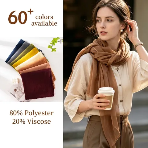 Solid Color Pleated Scarf With Fringe Lightweight Breathable Sun Protection Shawl For Women Versatile Fashion