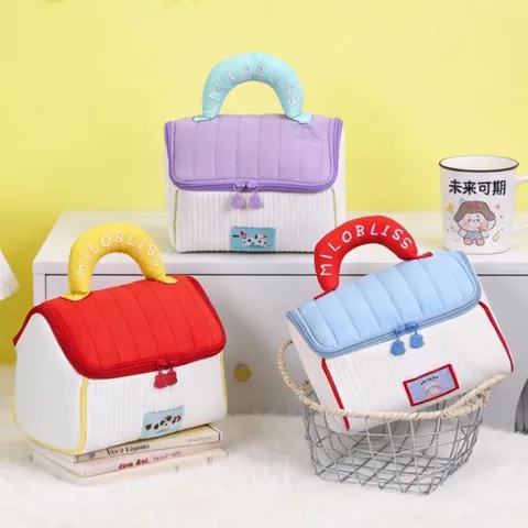 Neceser Acolchado En Forma De Casa Organizador De Maquillaje Portátil Viaje Estuche De Tocador Mango Cremallera Doble Lindo
