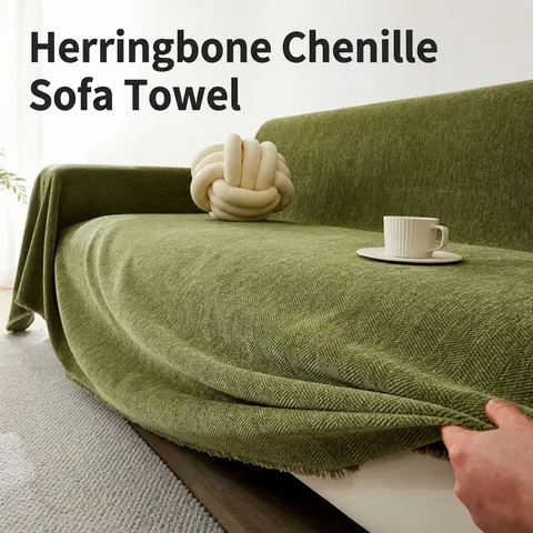 Minimalist Chenille Herringbone Sofa Cover Blanket With Tassels Solid Color Thick Furniture Protector For Living Room Decor