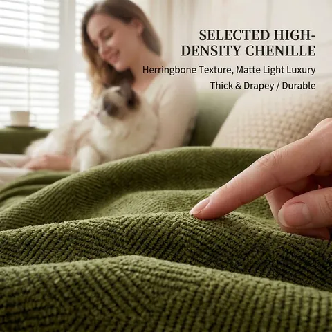 Minimalist Chenille Herringbone Sofa Cover Blanket With Tassels Solid Color Thick Furniture Protector For Living Room Decor