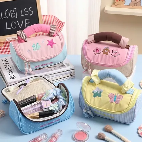Geborduurde Make-Up Tas Polyester Nylon Grote Capaciteit Draagbare Contrastkleur Cosmetische Tas Voor Vrouwen